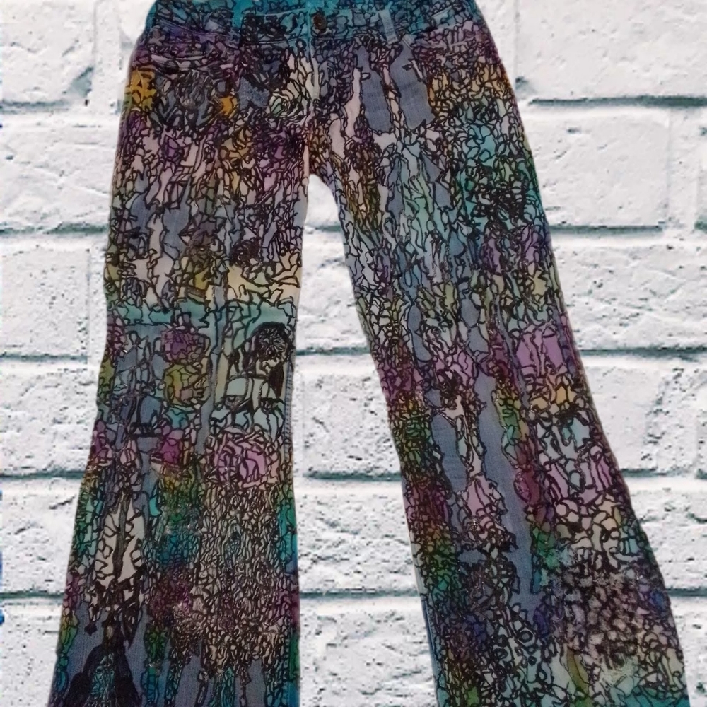 Upcycled tie dyed hand painted jeans